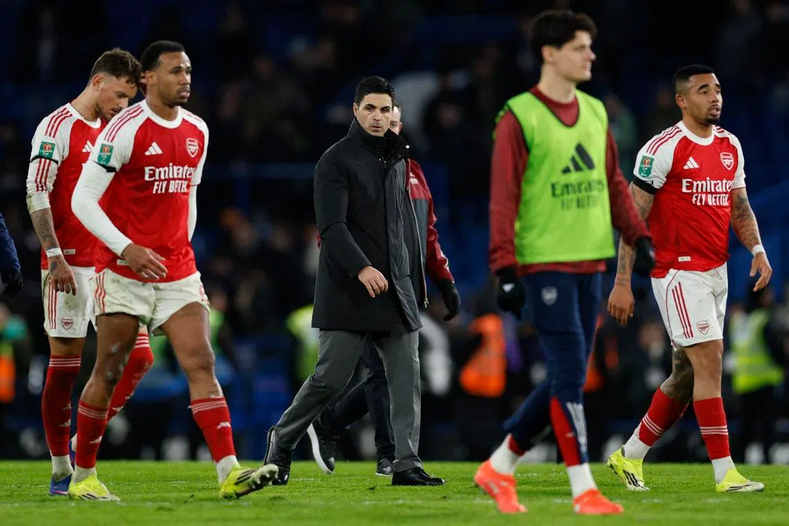 Soccer Football - Carabao Cup - Semi Final - First Leg - Chelsea v Arsenal - Stamford Bridge, London, Britain - January 14, 2026 Arsenal manager Mikel Arteta celebrates after the match Action Images via Reuters/Peter Cziborra