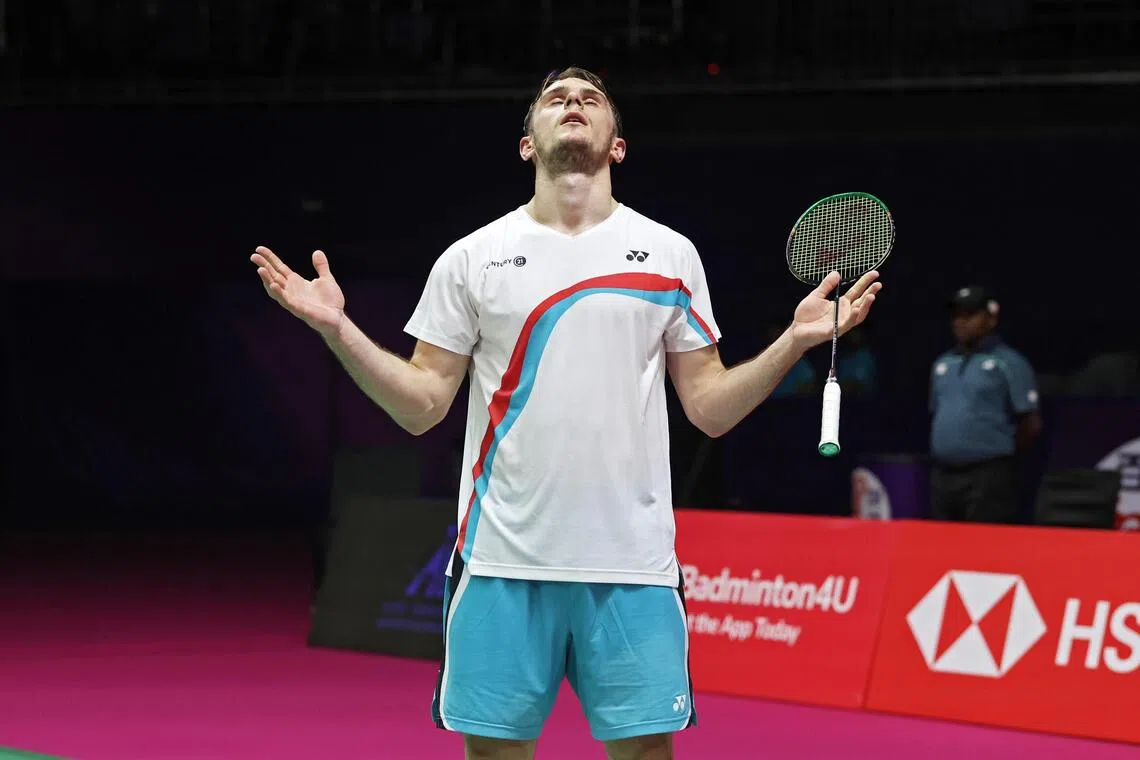 Frenchman Alex Lanier celebrates winning his men’s singles quarter-final against Thailand’s Kunlavut Vitidsarn at the BWF World Championships in New Delhi, India on Aug 21.