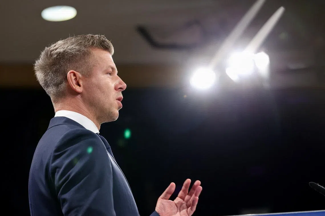 Hungarian Prime Minister Peter Magyar speaks in Brussels, Belgium, May 29, 2026. REUTERS/Omar Havana