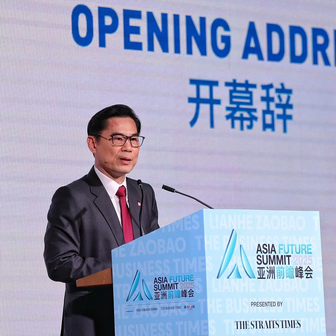 OCBC Group deputy CEO Tan Teck Long delivering the opening address during the Asia Future Summit at The Ritz-Carlton, Millenia Singapore, on Oct 9, 2025. ST PHOTO: KEVIN LIM wkshan09