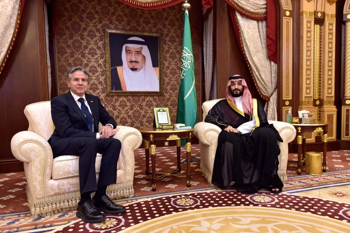 US Secretary of State Antony Blinken (left) and Saudi Arabia's Crown Prince Mohammed bin Salman met for an hour and 40 minutes in Jeddah.