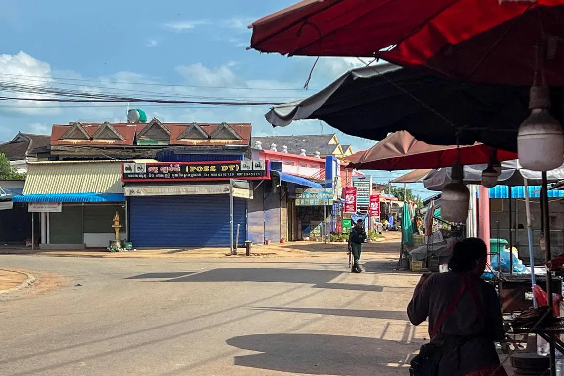 Samraong, capital of Cambodia's Oddar Meanchey province, was almost completely deserted on July 28, with most of its shops shuttered and its roads eerily quiet.
