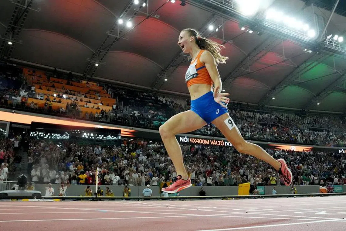 Athletics - World Athletics Championship - Women's 4x400m Relay Final - National Athletics Centre, Budapest, Hungary - August 27, 2023 Netherlands' Femke Bol crosses the line to win the final REUTERS/Fabrizio Bensch