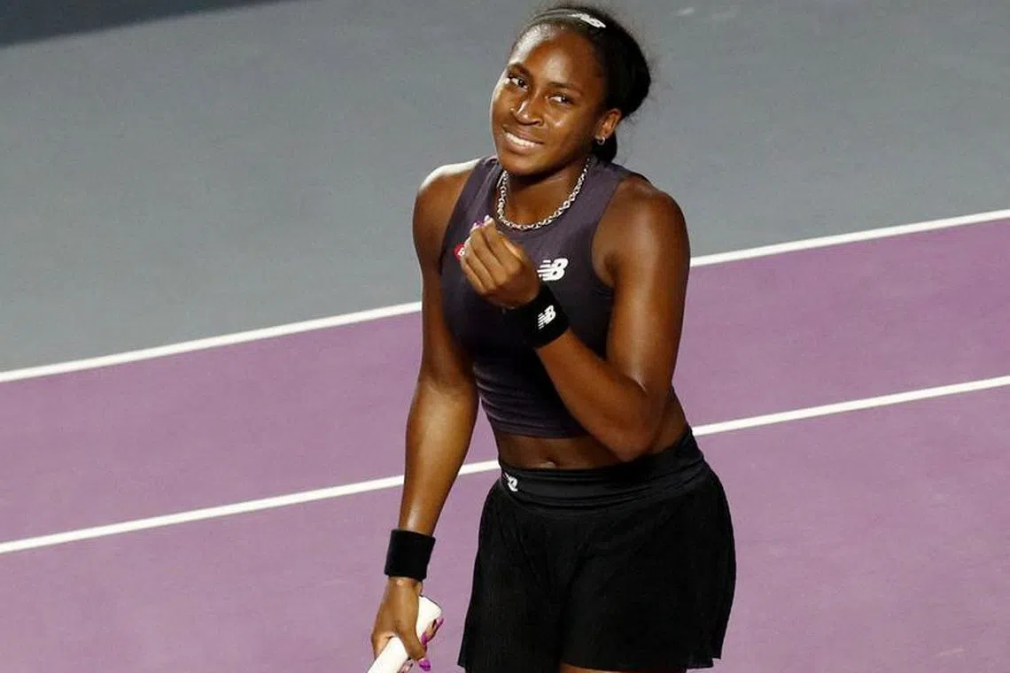 FILE PHOTO: Tennis - WTA Finals - Cancun, Mexico - November 4, 2023 Coco Gauff of the U.S. reacts during her semi-final match against Jessica Pegula of the U,S. REUTERS/Henry Romero/File Photo
