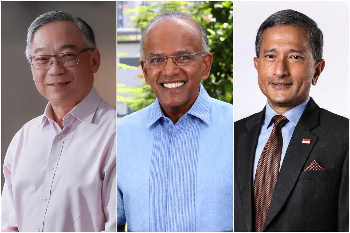 Prime Minister Lawrence Wong noted that (from left) Gan Kim Yong, K. Shanmugam and Vivian Balakrishnan will be aged 70 and older by the next term of government.