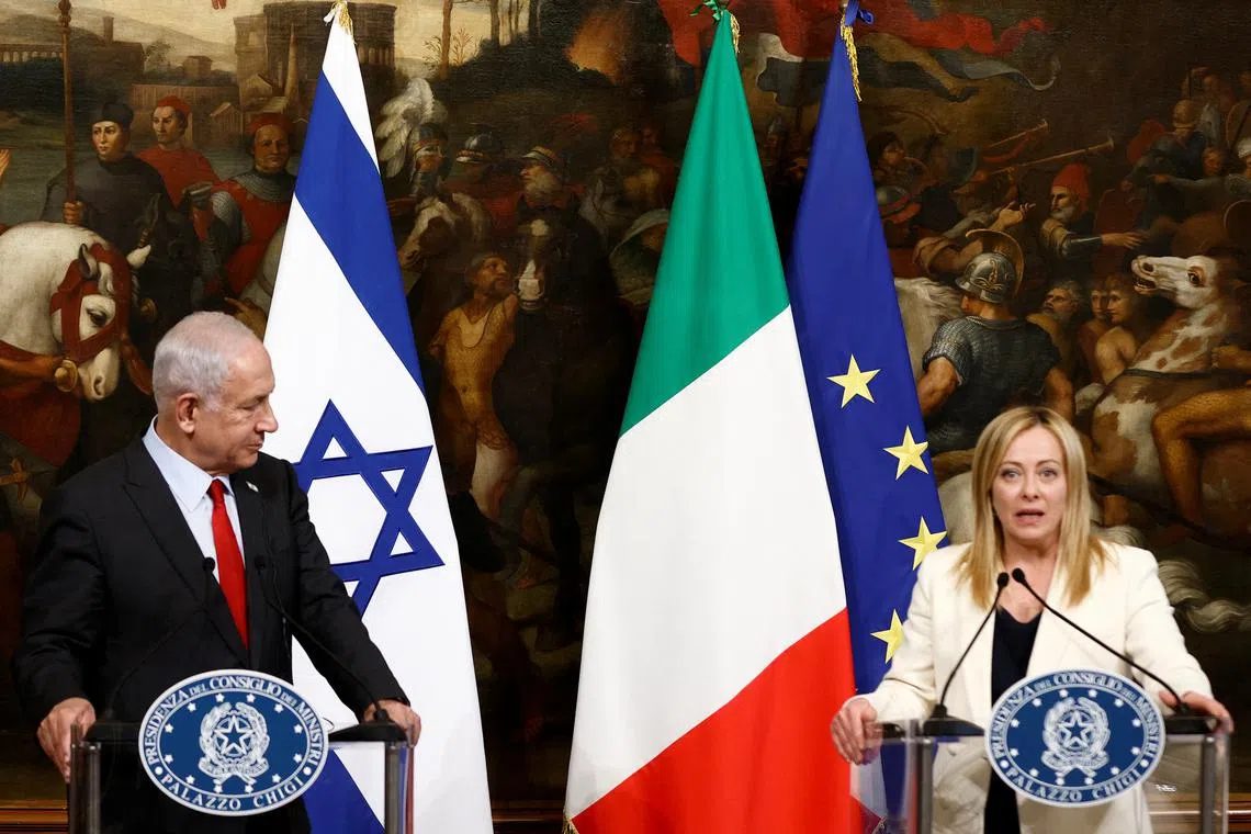 Italian Prime Minister Giorgia Meloni speaks during a news conference with  Israeli Prime Minister Benjamin Netanyahu after their meeting at Palazzo Chigi, in Rome, Italy, March 10, 2023. REUTERS/Guglielmo Mangiapane/File Photo