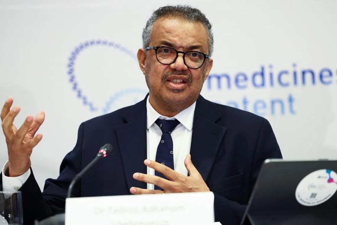 FILE PHOTO: The head of the World Health Organization (WHO), Dr Tedros Adhanom Ghebreyesus speaks during a breakfast meeting with delegates and media, ahead of his visit to the launch of a WHO-backed mRNA vaccine production and technology transfer hub in Cape Town, South Africa, April 20, 2023, REUTERS/Esa Alexander/File Photo