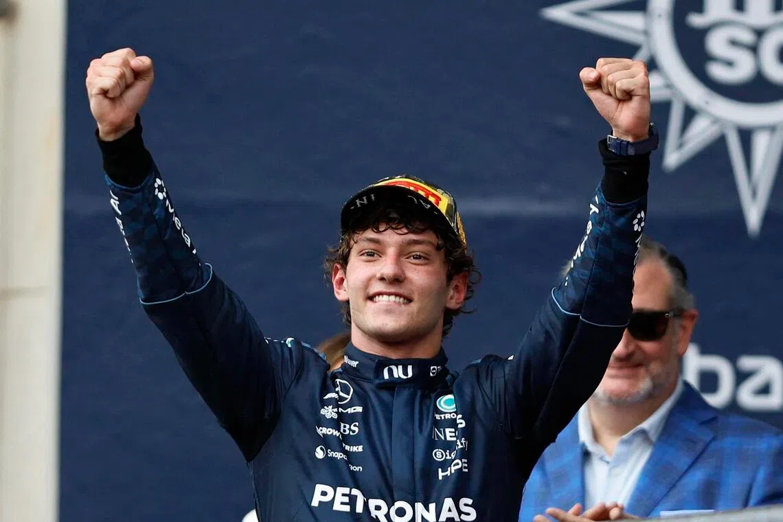 Mercedes’ Kimi Antonelli celebrating on the podium on Oct 25, after winning the United States Grand Prix.