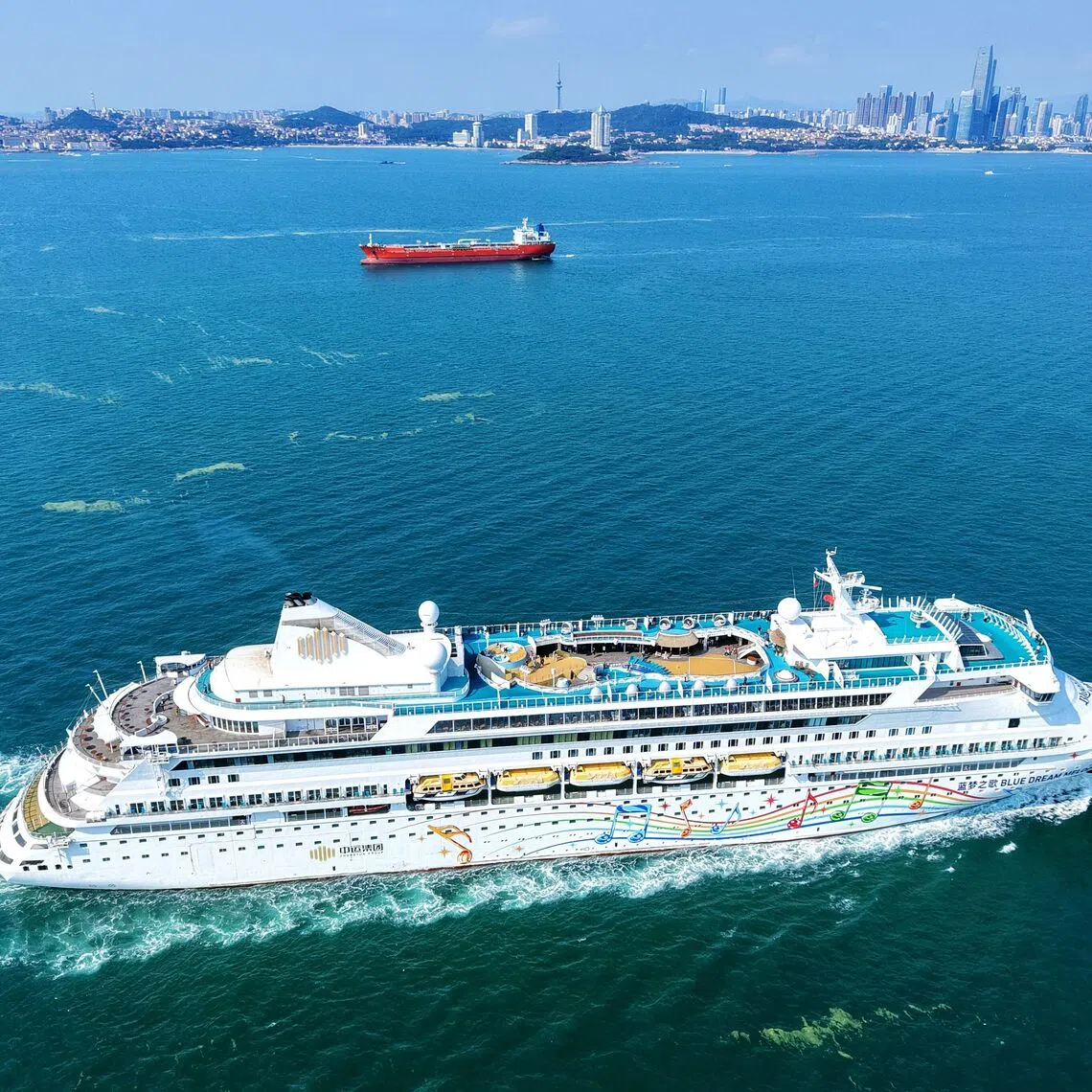 The Blue Dream Melody cruise ship bound for Japan on Jiaozhou Bay, Qingdao, Shandong, China on Aug 11.