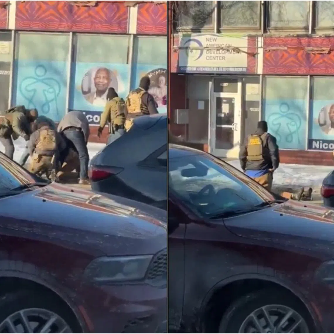 In an unconfirmed video circulating online, masked men hold a person on the ground before scattering as shots are heard.