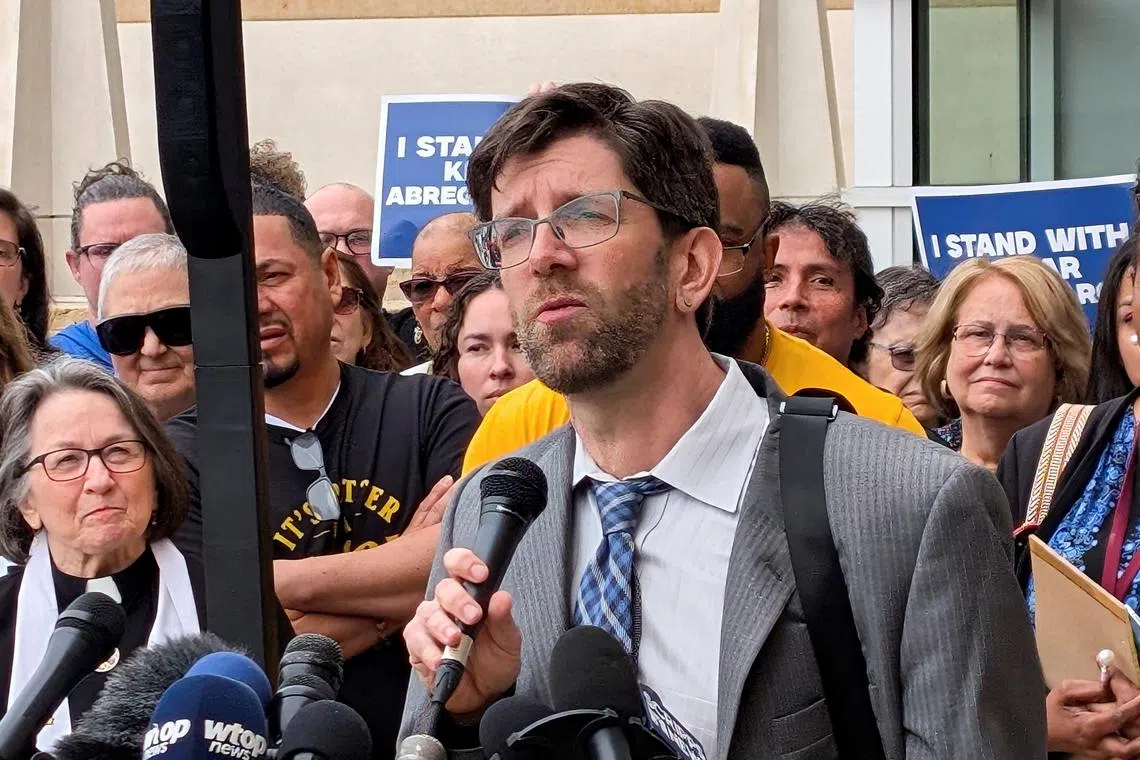 FILE PHOTO: Attorney Simon Sandoval-Moshenberg speaks outside the U.S. courthouse, after a judge ruled that his client Kilmar Abrego Garcia must be returned to the U.S. from El Salvador, in Greenbelt, Maryland, U.S., April 4, 2025. REUTERS/Mike Scarcella/File Photo