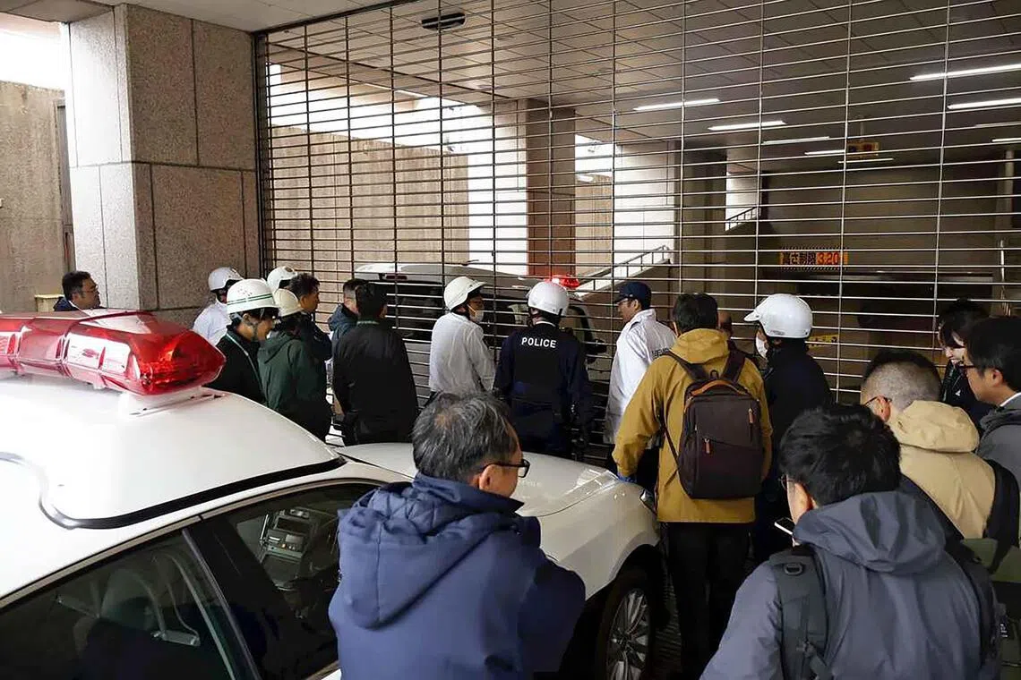 The bear cub entered the parking lot of the Bank of Iwate on Oct 28, 2025.