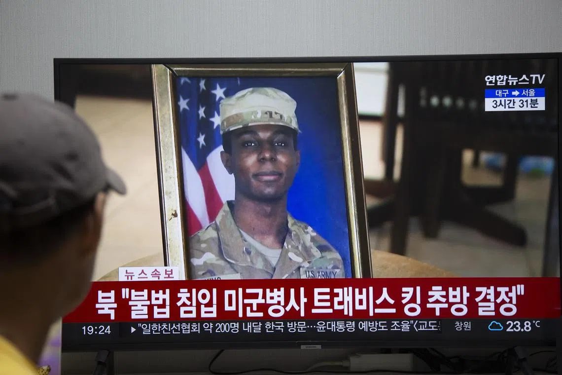 epa10885572 A man watches the news showing US soldier Travis King on screen, at a his home in Seoul, South Korea, 27 September 2023. According to North Korean Central News Agency on 27 September, North Korea will expel Travis King, a U.S. soldier who has been detained in North Korea after running across the inter-Korean border in July.  EPA-EFE/JEON HEON-KYUN