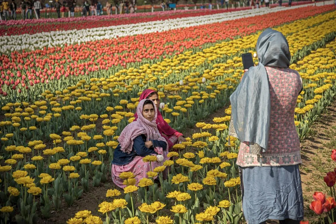 Visitors at the tulip garden in Srinagar, Kashmir, April 2022.