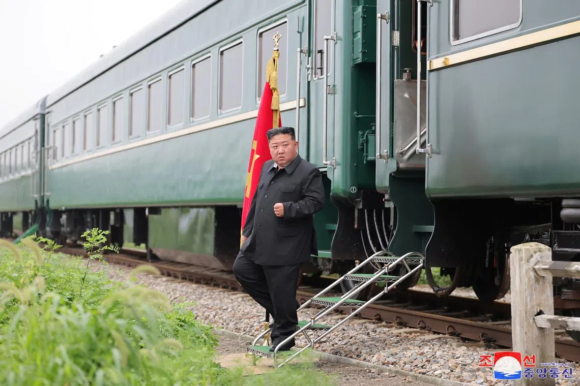 FILE PHOTO: North Korean leader Kim Jong Un steps off a train during a visit to a flood-affected area near the border with China, in North Pyongan Province, North Korea, in this undated photo released July 31, 2024 by North Korea's official Korean Central News Agency.    KCNA via REUTERS/File Photo