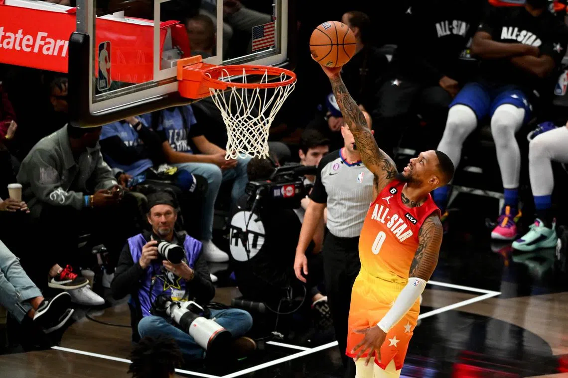 SALT LAKE CITY, UTAH - FEBRUARY 19: Damian Lillard #0 of the Portland Trailblazers goes up for a shot during the third quarter in the 2023 NBA All Star Game between Team Giannis and Team LeBron at Vivint Arena on February 19, 2023 in Salt Lake City, Utah. NOTE TO USER: User expressly acknowledges and agrees that, by downloading and or using this photograph, User is consenting to the terms and conditions of the Getty Images License Agreement.   Alex Goodlett/Getty Images/AFP (Photo by Alex Goodlett / GETTY IMAGES NORTH AMERICA / Getty Images via AFP)