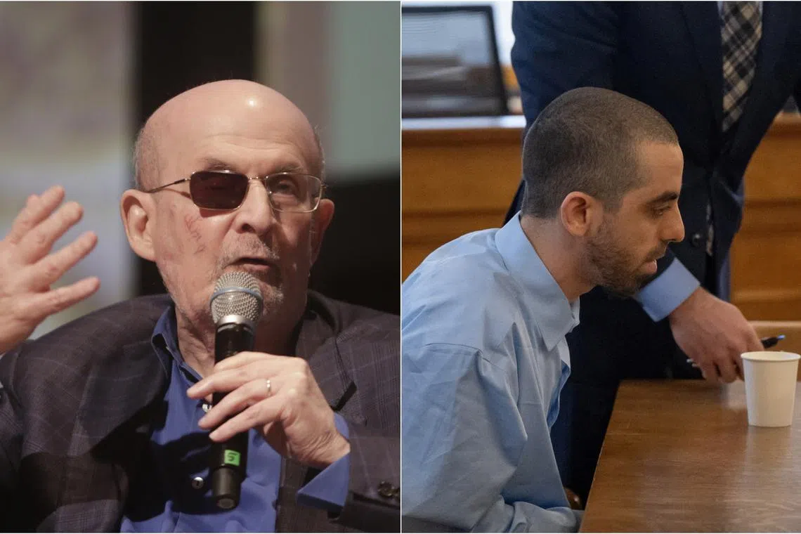 It is the first time Salman Rushdie (left) and Hadi Matar have been in the same place since the 2022 knife attack on the novelist.