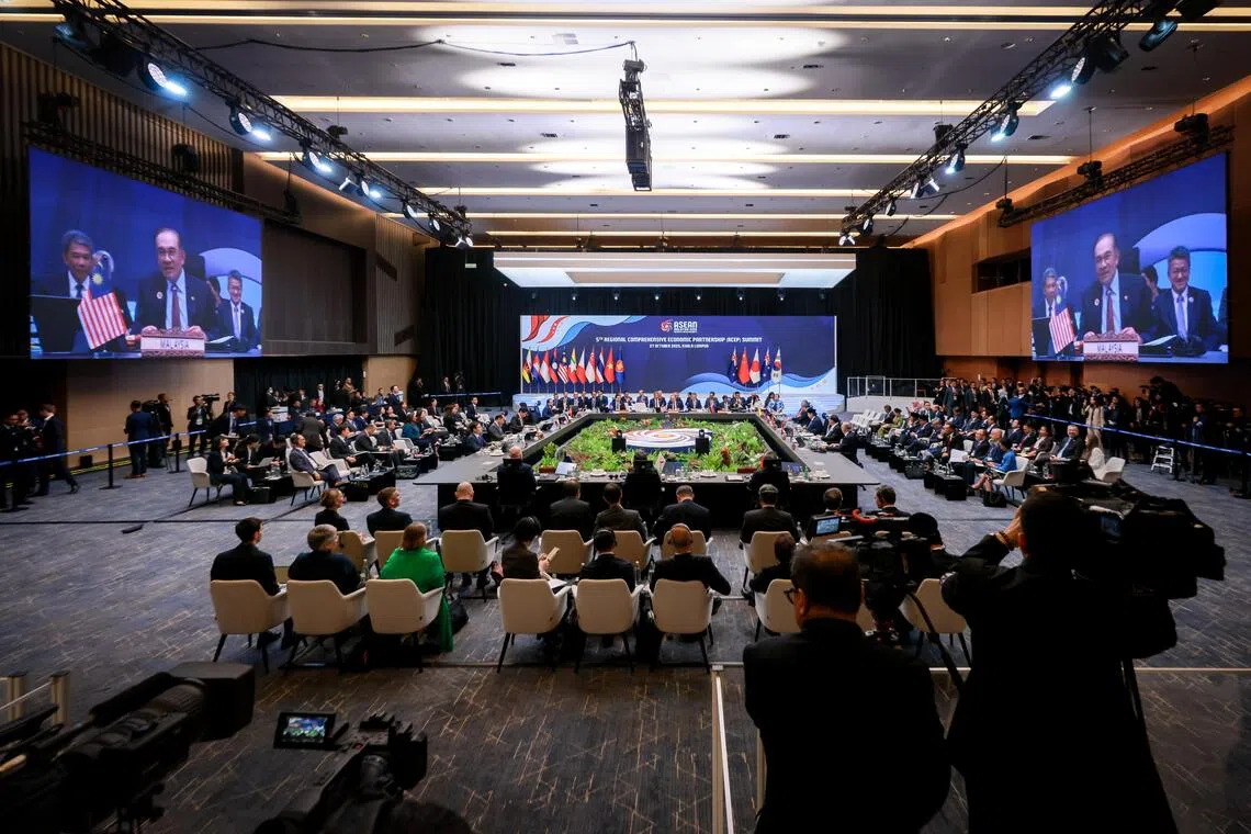 Leaders at the 5th Regional Comprehensive Economic Partnership (RCEP) Summit at the Kuala Lumpur Convention Centre in Kuala Lumpur, Malaysia, on Oct 27, 2025.