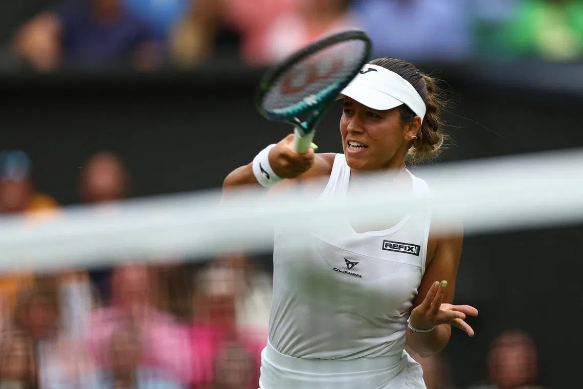 FILE PHOTO: Tennis - Wimbledon - All England Lawn Tennis and Croquet Club, London, Britain - July 2, 2024 Spain's Jessica Bouzas Maneiro in action during her first round match against Czech Republic's Marketa Vondrousova REUTERS/Matthew Childs/File Photo