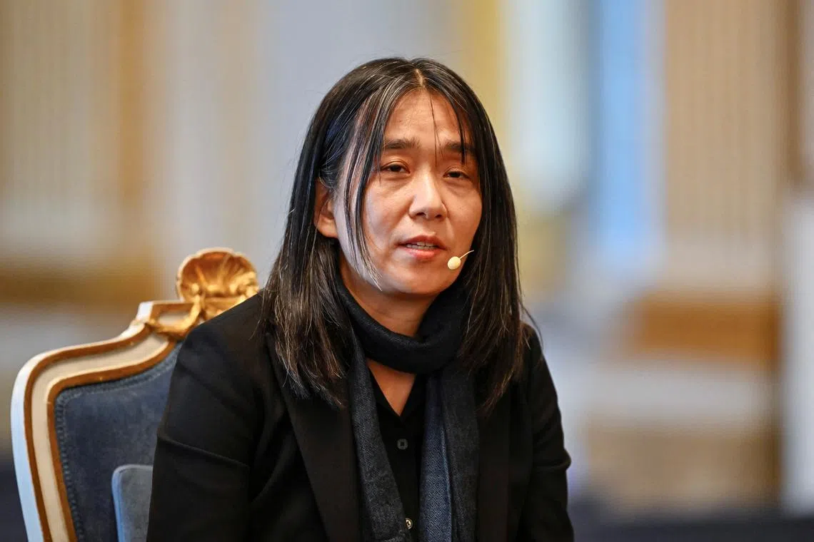 Han Kang, Nobel Prize in Literature 2024, attends the Swedish Academy's press conference in Gamla Stan, in Stockholm, Sweden December 6, 2024.  TT News Agency/Anders Wiklund via REUTERS