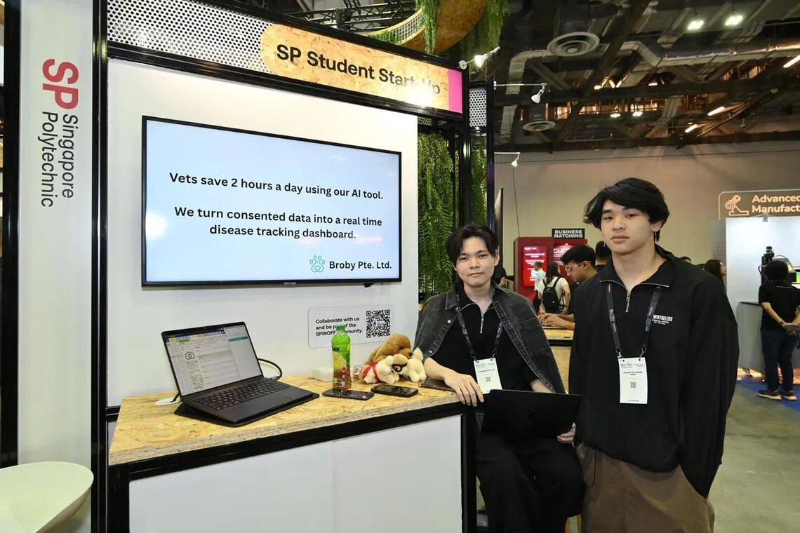 Singapore Polytechnic students Hyuga Kuramochi (left) and Caleb Yap Keane Yang developed Broby Pets, an AI transcribing tool for veterinarians.