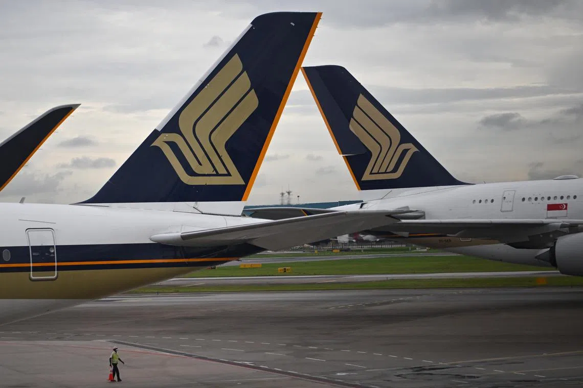 Singapore Airlines (SIA) aeroplanes at Changi Airport on June 20, 2022.