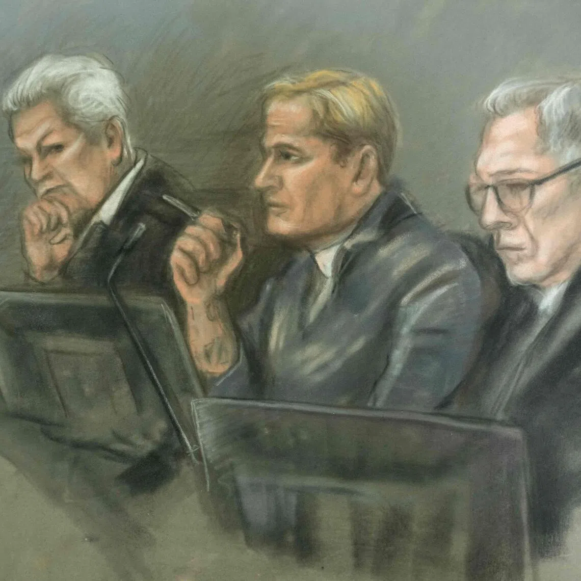 A court sketch of Marius Borg Hoiby (centre) in court with his defence lawyers Ellen Holager Andenaes (left) and Petar Sekulic.