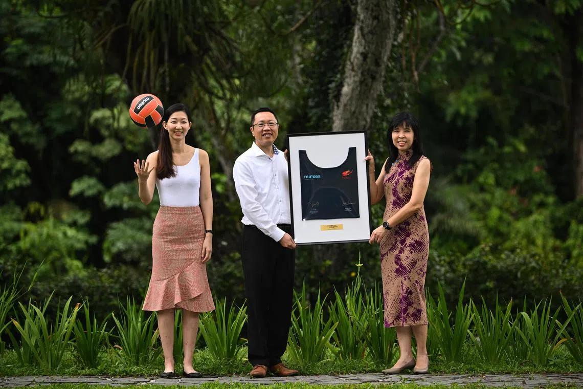 (From left) National netballer Charmaine Soh, Teo Cher Hwa, senior vice-president, Health Innovation Delivery, MiRXES, and Jessica Tan, president of Netball Singapore marking biotechnology company MiRXES' new title sponsorship of the 2023 and 2024 Nations Cup.