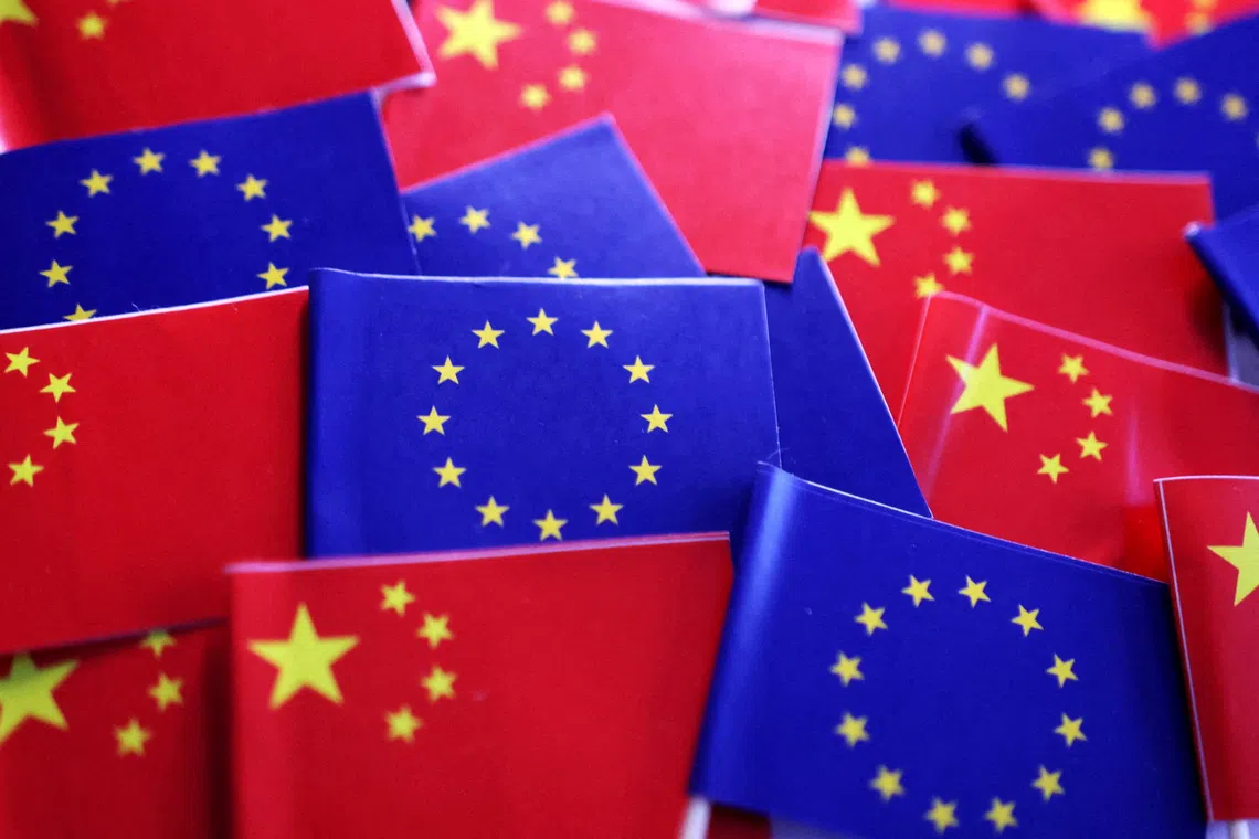 FILE PHOTO: The EU and Chinese flags are seen in this illustration created on March 20, 2025. REUTERS/Dado Ruvic/Illustration/File Photo