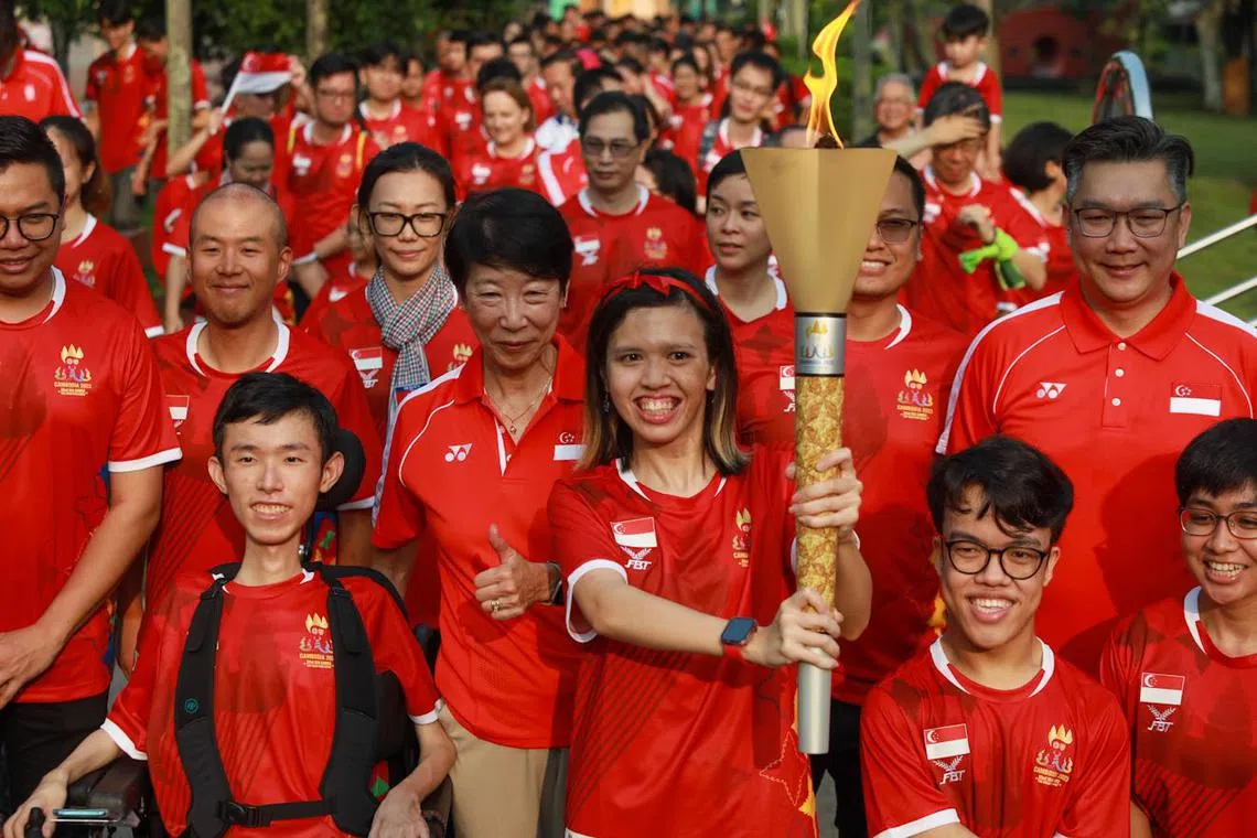 ST20230415_202399796658/dlflag15/Ryan Chiong

Torchbearer and Para Athletics athlete Maisarah Binte Mohamed Hassan (centre) in the last leg of the torch relay around Tampines Central Park on April 15, 2023.

The athletes were gathered at Our Tampines Hub for a flag ceremony for the SEA Games and the Asean Para Games.

The event was also attended by Tan Chuan-Jin, Speaker of Parliament and President of SNOC, and Edwin Tong, Minister for Culture, Community and Youth and Second Minister for Law.