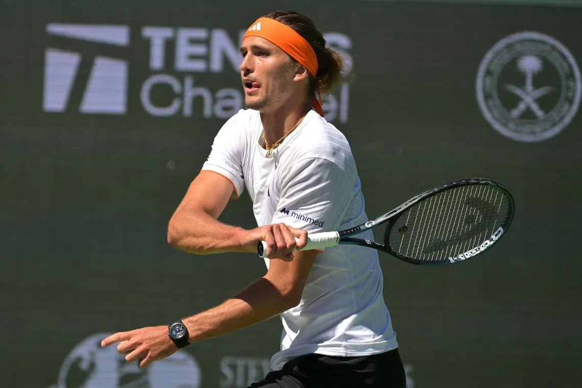 Mar 12, 2026; Indian Wells, CA, USA;  Alexander Zverev (GER) in his quarterfinal match where he defeated Arthur Fils (FRA) during the BNP Paribas Open at the Indian Wells Tennis Garden. Mandatory Credit: Jayne Kamin-Oncea-Imagn Images