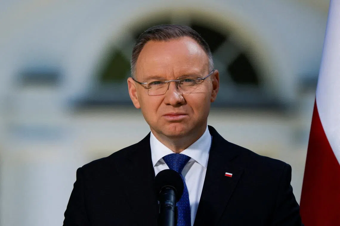 FILE PHOTO: Polish President Andrzej Duda gives a statement to media in connection with the 20th anniversary of Poland's accession to the European Union, in Warsaw, Poland, May 1, 2024. REUTERS/Kuba Stezycki/File Photo