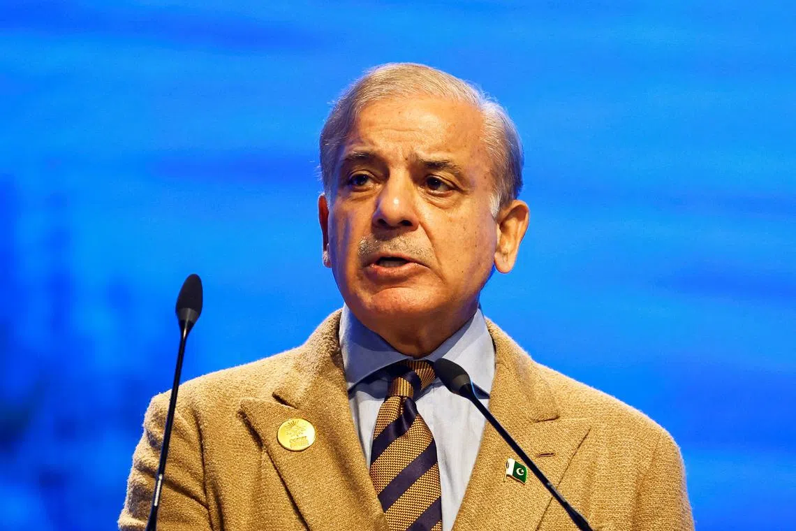 FILE PHOTO: Pakistan's Prime Minister Shehbaz Sharif speaks during the COP27 climate summit in Egypt's Red Sea resort of Sharm el-Sheikh, Egypt November 8, 2022. REUTERS/Thaier Al-Sudani/File Photo