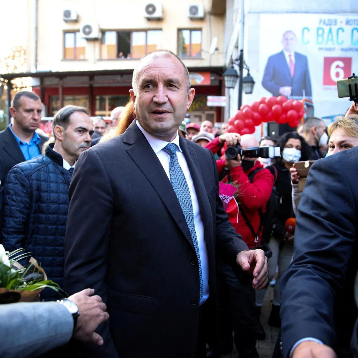 FILE PHOTO: Incumbent President Rumen Radev meets supporters during an election rally, ahead of the presidential vote on Sunday, in Haskovo, Bulgaria, November 8, 2021. REUTERS/Stoyan Nenov/File Photo