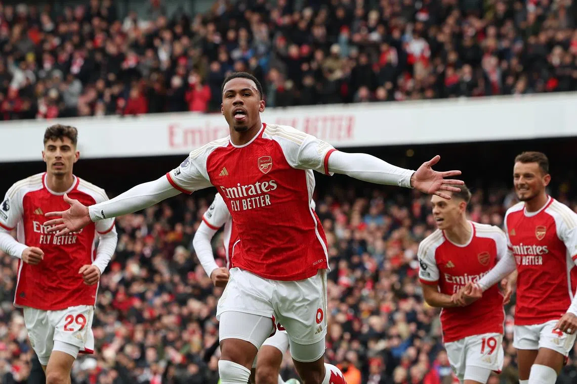 Arsenal’s Gabriel celebrates after scoring against Crystal Palace in their English Premier League clash.