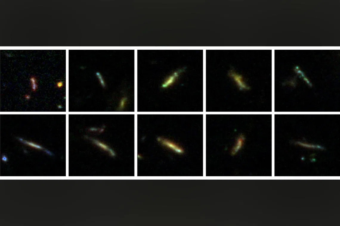 Photos of 10 galaxies, all with an elongated shape suggestive of bananas or pickles, captured by the James Webb Space Telescope.