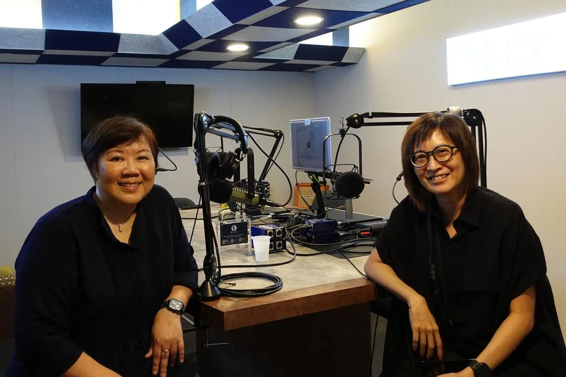 Executive director of the Singapore Hospice Council Sim Bee Hia (left), and ST senior health correspondent Joyce Teo in the podcast studio.