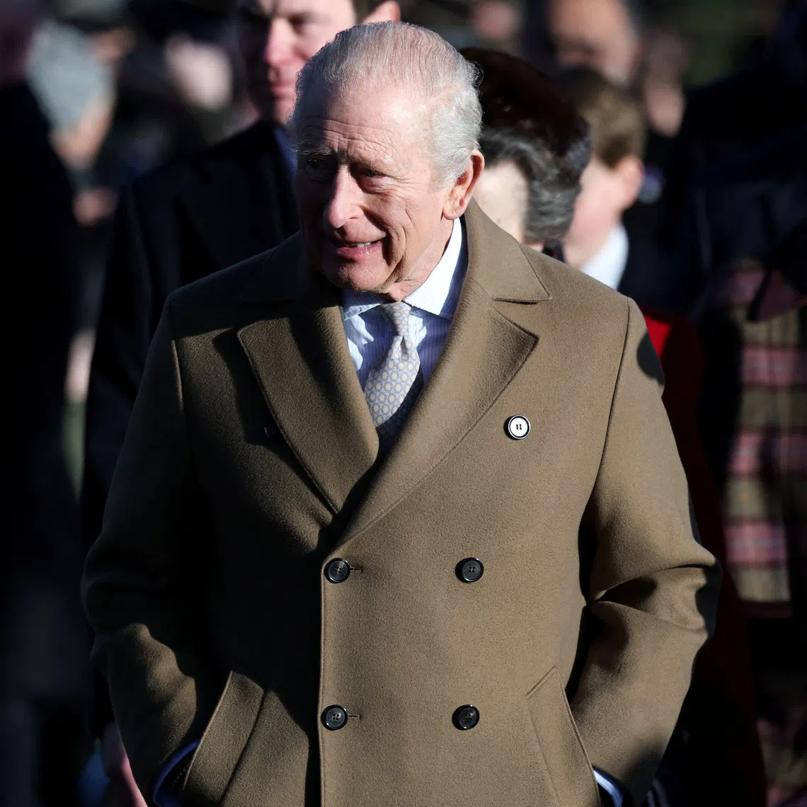 Britain's King Charles, along with members of the royal family, arrives to attend the Royal Family's Christmas Day service at St. Mary Magdalene's church, as the royals take residence at the Sandringham estate in eastern England, Britain, December 25, 2025. REUTERS/Hannah McKay