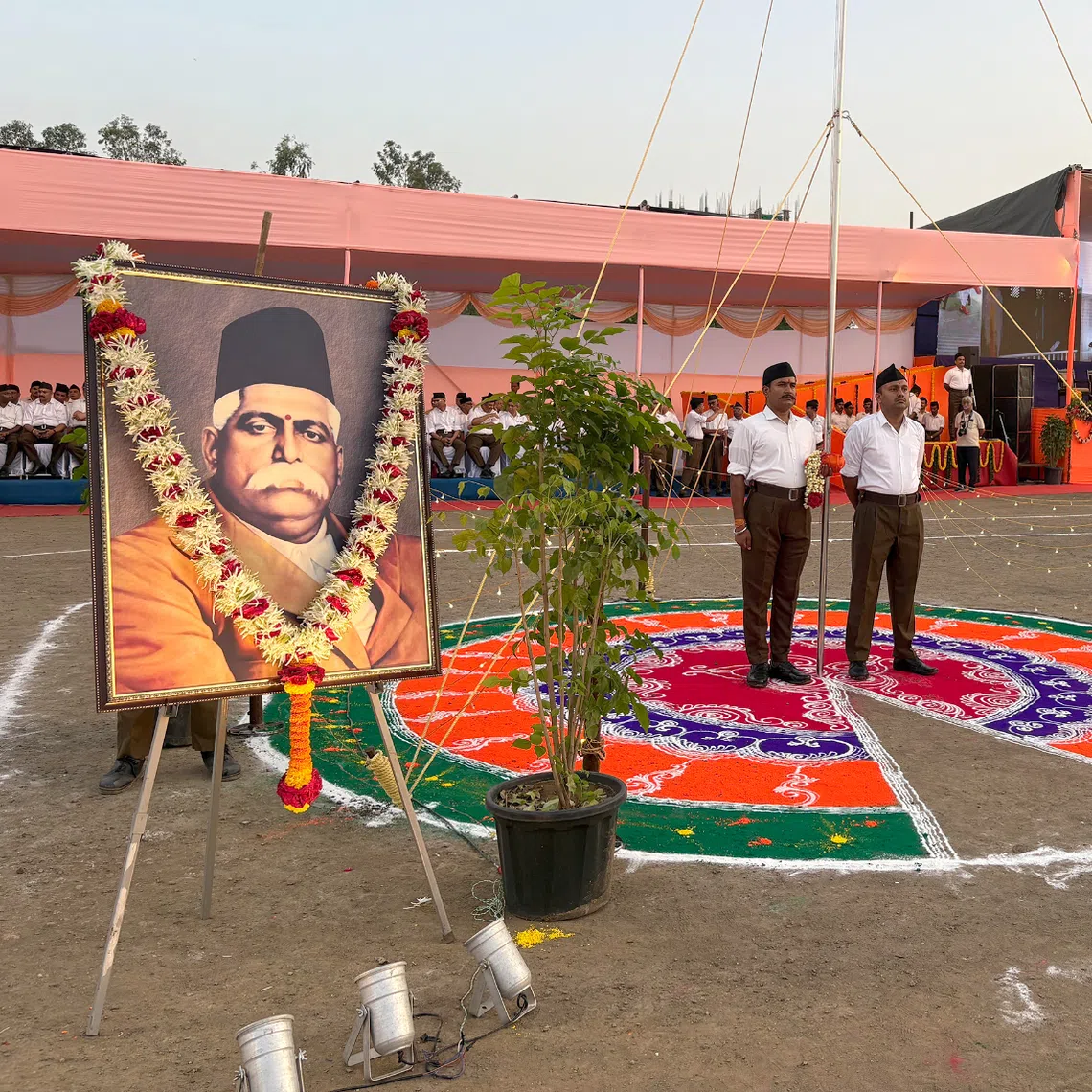 A portrait of RSS founder K.B. Hegdewar at the graduate ceremony in Nagpur.