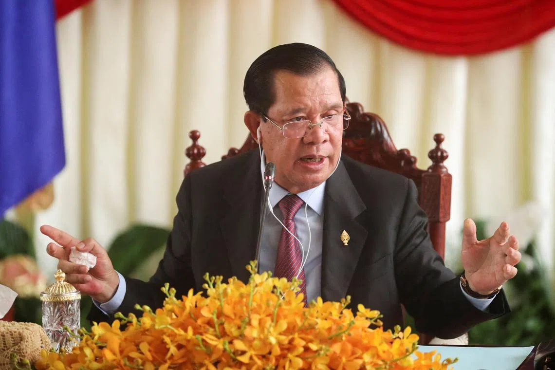 FILE PHOTO: Hun Sen speaks at a press conference at the National Assembly in Phnom Penh, Cambodia, August 22, 2023. REUTERS/Cindy Liu/File Photo