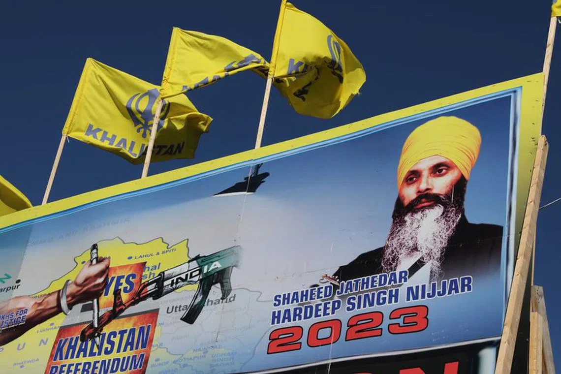 FILE PHOTO: A mural features the image of late Sikh leader Hardeep Singh Nijjar, who was slain on the grounds of the Guru Nanak Sikh Gurdwara temple in June 2023, in Surrey, British Columbia, Canada September 18, 2023. REUTERS/Chris Helgren/file photo