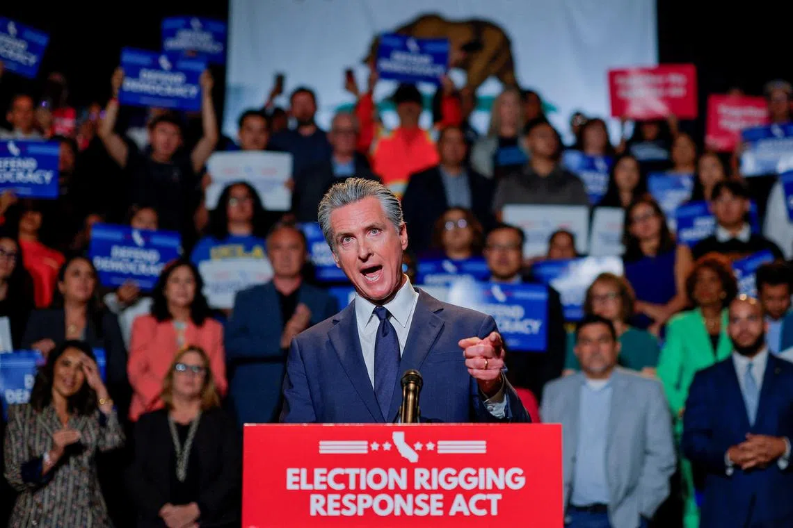 California Governor Gavin Newsom speaking as he announces the redrawing of California's congressional maps in response to a similar move in Texas being supported by US President Donald Trump on Aug 14. 