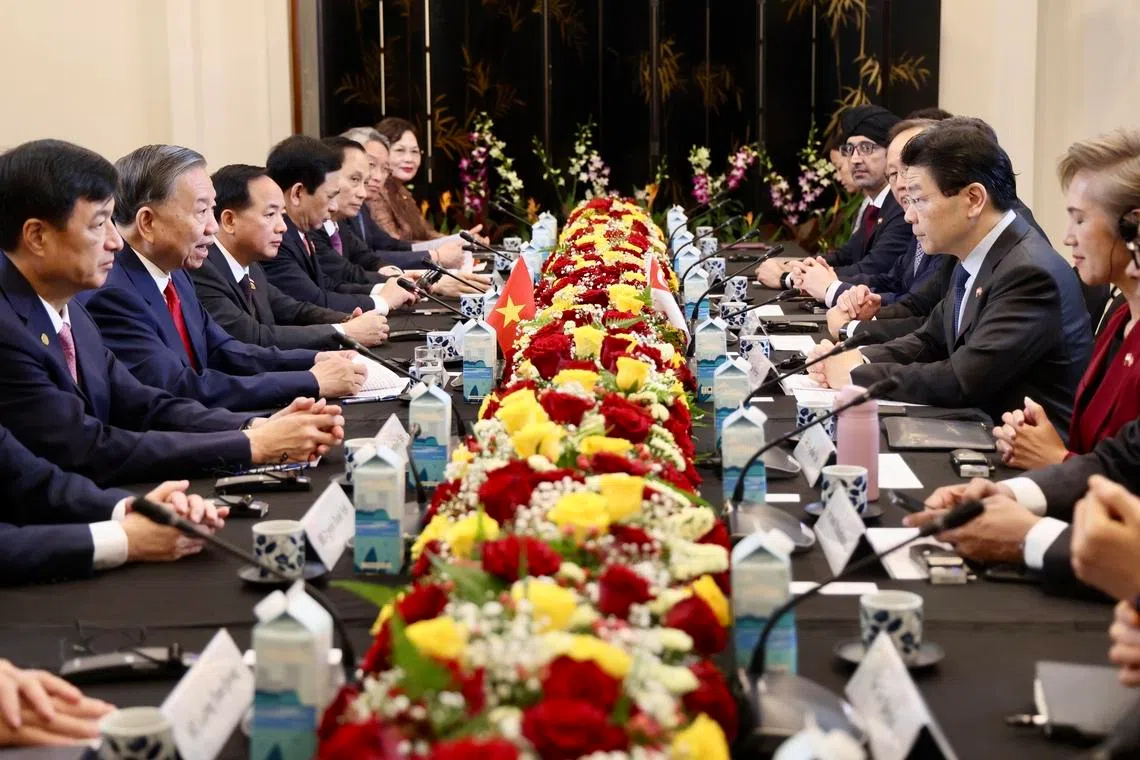 Vietnamese President To Lam in a meeting with Prime Minister Lawrence Wong at the Ministry of Foreign Affairs on May 29.