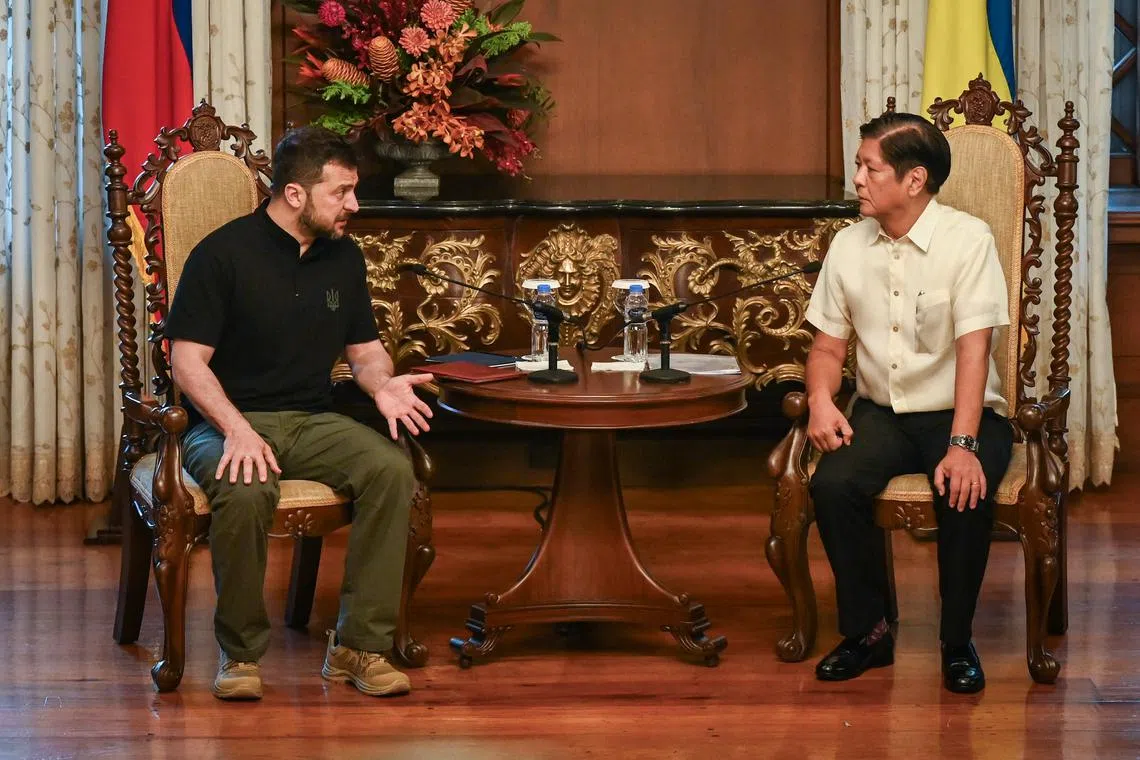 Ukraine President Volodymyr Zelensky (left) meets Philippine President Ferdinand Marcos Jr during a bilateral meeting at Malakanang presidential palace in Manila, on June 3.