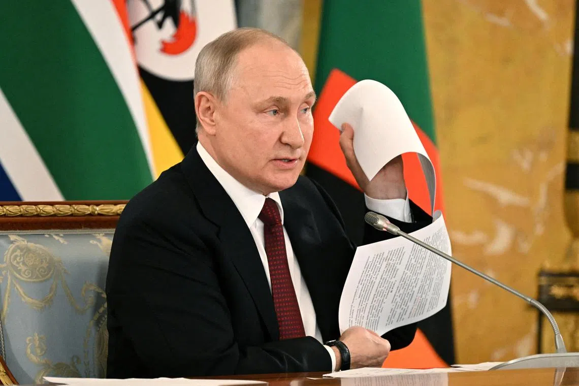Russian President Vladimir Putin attends a meeting with delegation of African leaders to discuss their proposal for peace talks between Russia and Ukraine, in Saint Petersburg, Russia June 17, 2023. Pavel Bednyakov/Host photo agency RIA Novosti via REUTERS ATTENTION EDITORS - THIS IMAGE WAS PROVIDED BY A THIRD PARTY. MANDATORY CREDIT.
