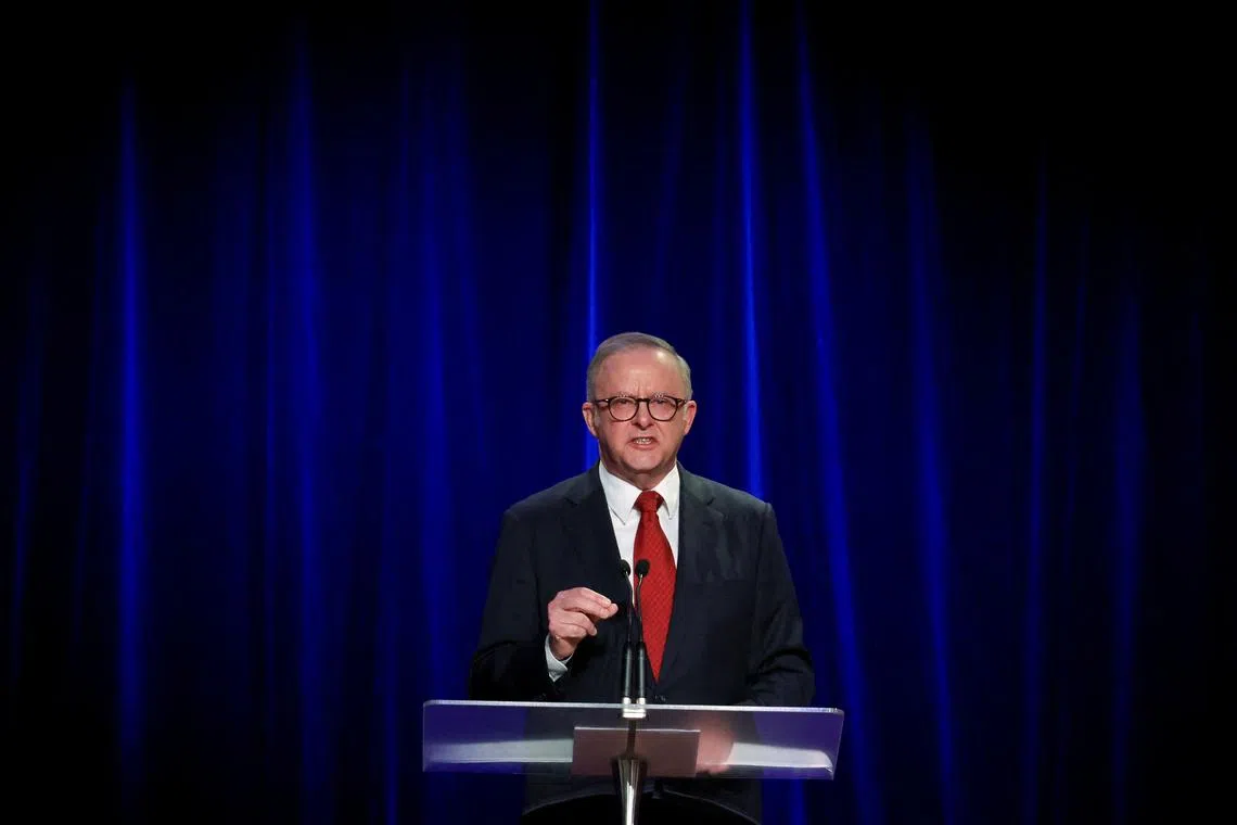 FILE PHOTO: Australia's Prime Minister Anthony Albanese speaks at a Labor party election night event, after local media projected the Labor Party's victory, on the day of the Australian federal election, in Sydney, Australia, May 3, 2025. REUTERS/Hollie Adams/File photo