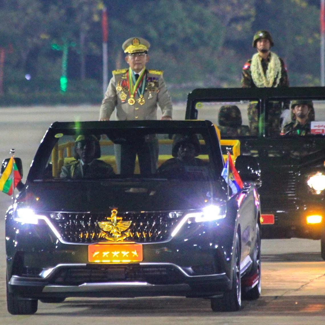 Myanmar's military leader, General Min Aung Hlaing, at a parade commemorating the 81st Armed Forces Day in Naypyitaw, Myanmar, on March 27.