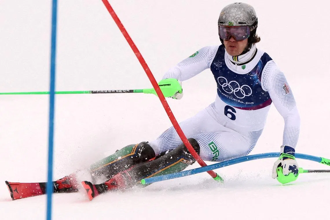 Milano Cortina 2026 Olympics - Alpine Skiing - Men's Slalom Run 1 - Stelvio Ski Centre, Bormio, Italy - February 16, 2026. Lucas Pinheiro Braathen of Brazil in action during the first run of the Men's Slalom REUTERS/Christian Hartmann