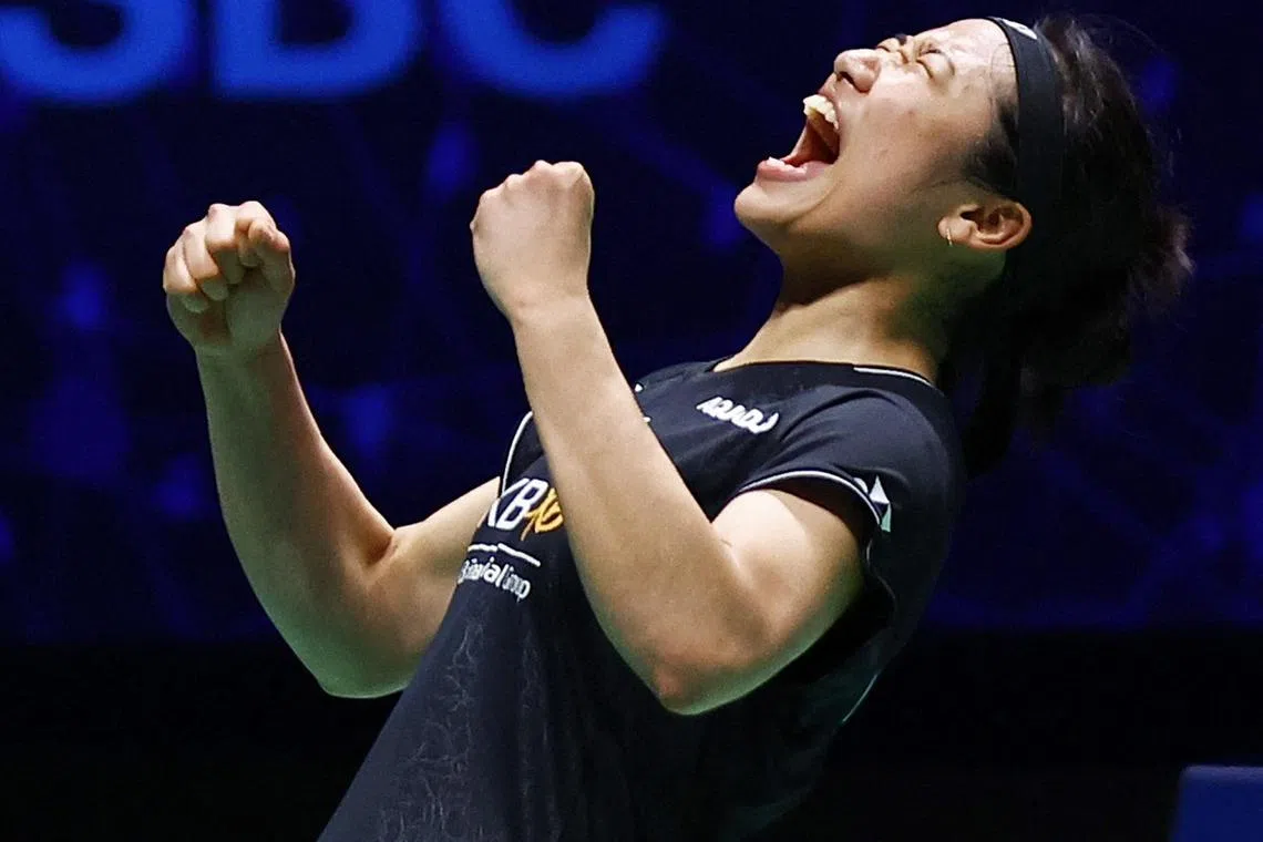 South Korea's An Se-young celebrating after winning the All England Open women's singles final match against China's Chen Yufei at Arena Birmingham on Sunday. 
