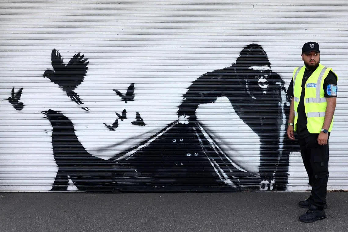 The mural outside London Zoo showed a gorilla lifting the shutter to free birds and a seal, with some animals staring out from the inside.